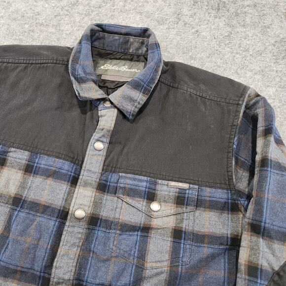 Eddie Bauer Mens L Large Cotton Plaid Flannel Snap Insulated Shacket Jacket - Picture 4 of 16